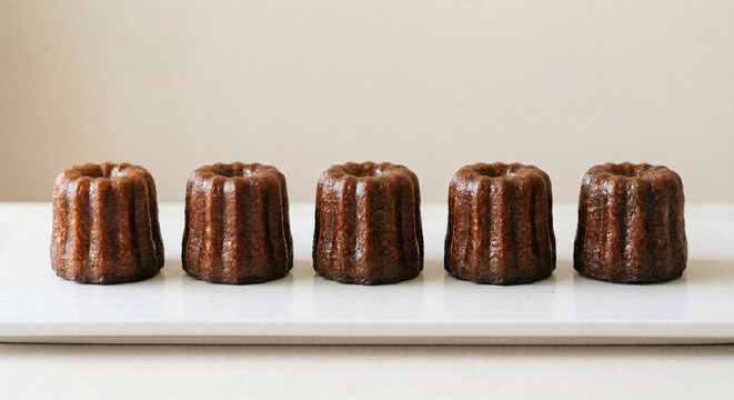 Row of freshly baked French cannel&eacute;s on a clean white background