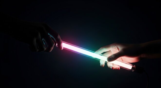 Two hands holding glowing light sticks in a dark environment.