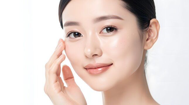 Woman touches her cheek gently while looking at the camera with clear and radiant skin.