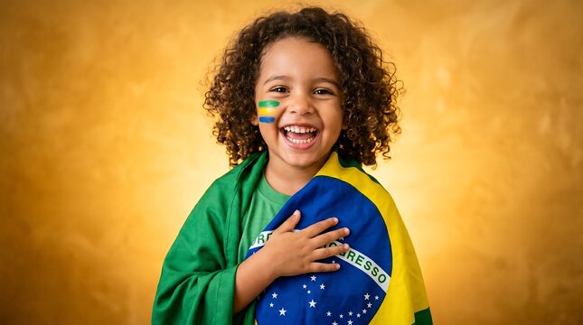 Happy brazilian child with curly hair and flag painted on cheek wrapped in brazil flag