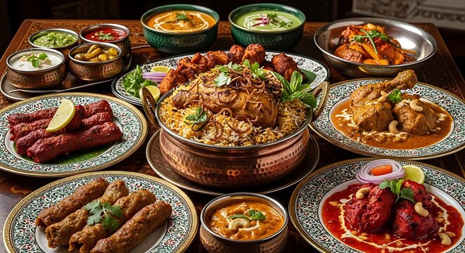 Traditional Indian feast with biryani, kebabs, and curries arranged on rustic wooden table
