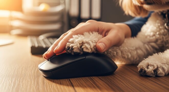 Person and dog using computer mouse.