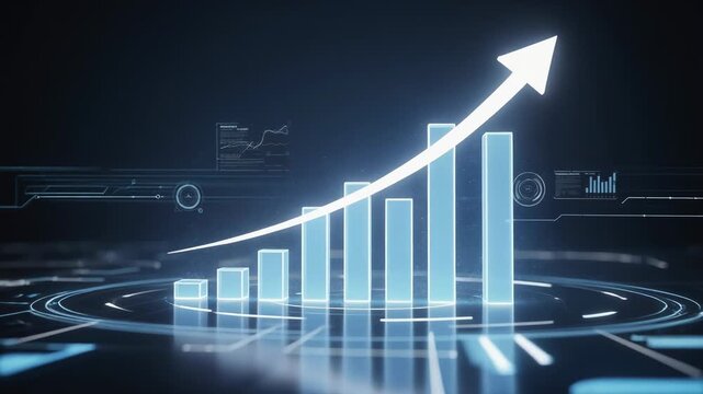 Futuristic digital bar graph with glowing blue bars rising steadily for business growth and data visualization