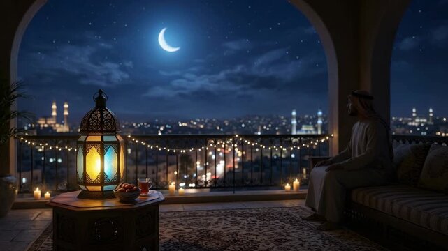 Man in traditional Arabic clothing on balcony overlooking city lights and crescent moon