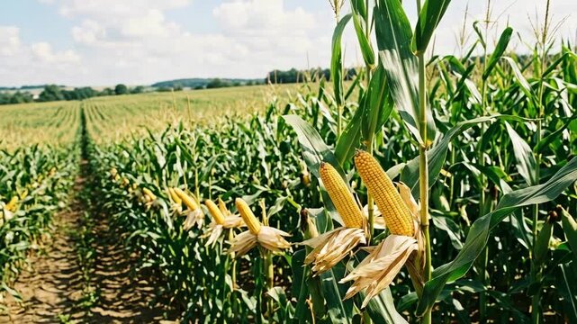 Ripening golden corn crop rows under a clear blue sky with fluffy clouds