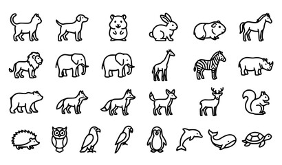 Fototapeta premium Wildlife Animal Icon Collection Featuring Mammals Birds Marine Creatures and Reptiles in Outline Style