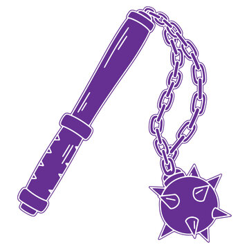 Medieval flail weapon with spiked ball and chain attached to handle isolated on transparent background