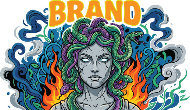 Ignite your streetwear brand! Fierce Medusa vector with glowing eyes, snakes, and flames. Isolated on white, perfect for trending t-shirts & apparel. Buy now!