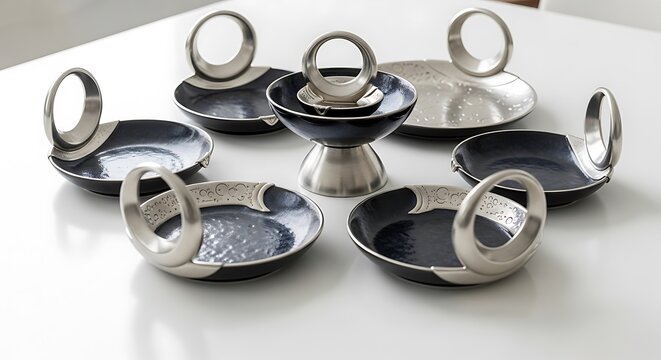 A set of modern stainless steel serving bowls and plates with unique circular handles arranged on a table. mythic serving dishes