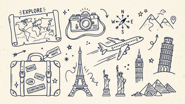 Hand Drawn Travel Doodle Set Adventure Map Camera Suitcase Airplane Eiffel Tower Compass Landmark Sketch Tourism Vacation Design
