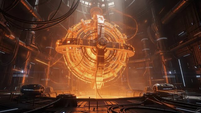 Futuristic orange reactor core pulsing with intense energy and flying sparks in a sci fi environment
