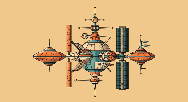 Retro-style space station vector illustration with saucer modules and solar panels