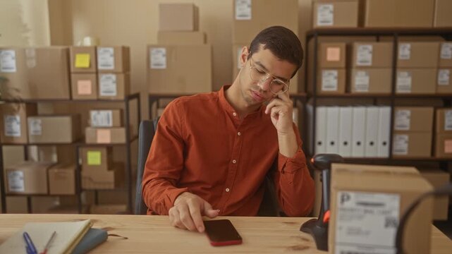 Man holding smartphone with hand to cheek among stacked boxes and shelving in a packing area inside a building; small business focus.