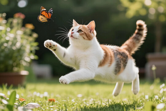 Playful cat leaps after a fluttering butterfly. Sunlit garden glows with soft green grass.