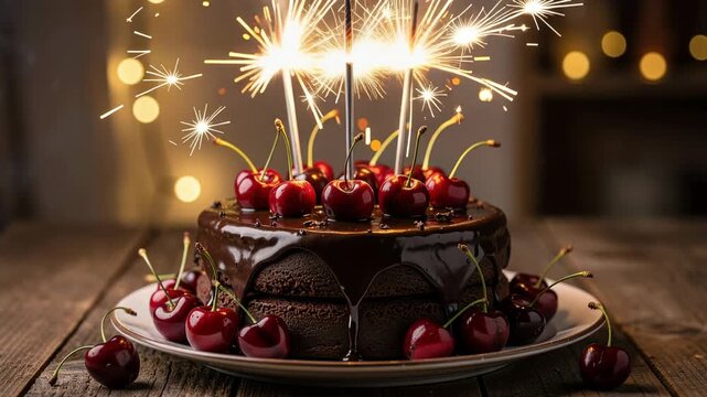 Celebrate special moments with a decadent chocolate cake topped with cherries and sparkling candles