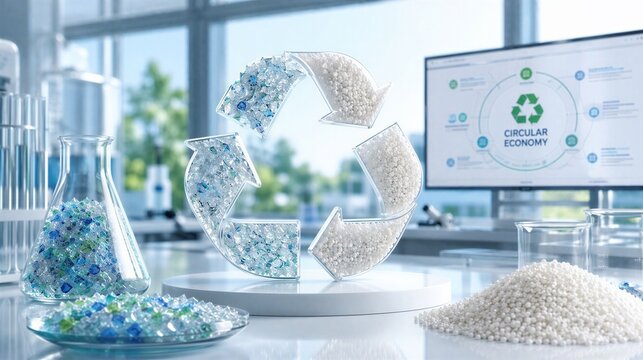 Recycling Concept with Plastic Pellets and Circular Economy Display in Laboratory Setting