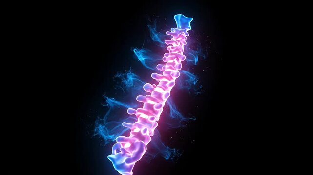 A glowing abstract representation of a spine in vibrant colors.