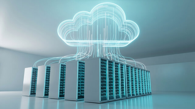 Modern Cloud Computing and Data Center Concept - Abstract Server Racks with Digital Cloud Symbol