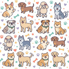Fototapeta premium Dog Breed Collection: A delightful illustration showcasing a variety of popular dog breeds, each with a unique personality and charm, set against a playful patterned background.