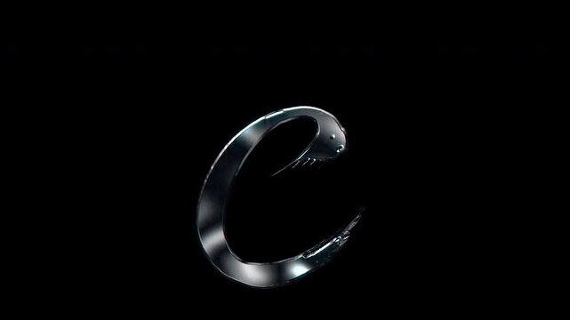 Silver metallic brush-stroke lowercase "c". Alpha channel. Seamless loop video