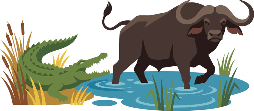 Isolated on Cape buffalo wades at a savanna waterhole as a crocodile lunges from the reeds vector art on white background