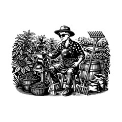 Fototapeta premium Vintage Coffee Farmer Processing Beans with Manual Grinder and Barrel - Retro Black and White Agriculture Vector Illustration