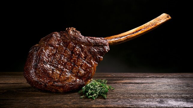 Grilled tomahawk steak on rustic wooden table with herbs and dark background
