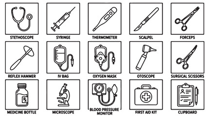 Fototapeta premium Medical icons, healthcare symbols, doctor tools, 16 medicine illustrations