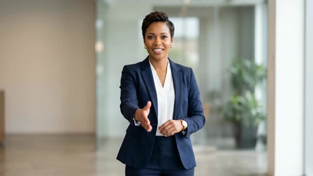 Smiling confident businesswoman in dark blue suit extends hand for handshake in modern office hallway