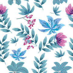 Seamless pattern with red berries and tropical leaves © Artlu