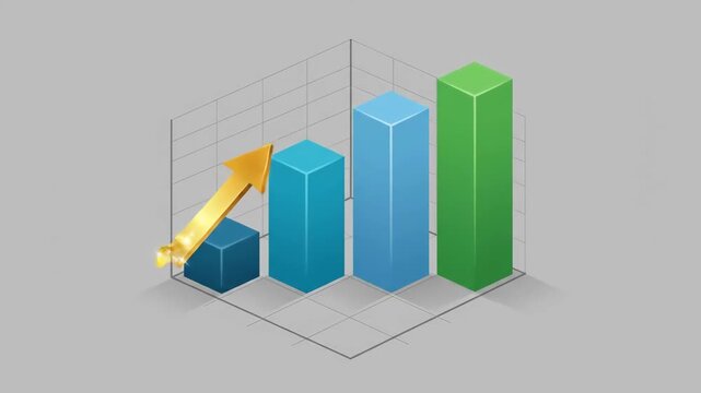 A sleek 3D-looking isometric bar chart with shades of blue and green. One by one, the bars pop up energetically from left to right
