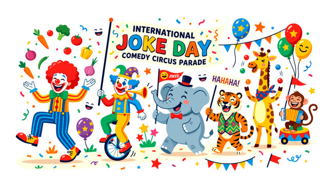 Celebrating International Joke Day with a vibrant circus parade featuring clowns, animals, and festive decorations