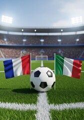 Naklejka premium Soccer ball on green field with France and Italy flags