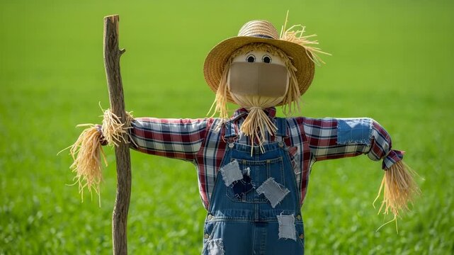 Scarecrow wearing a face mask and denim overalls stands in a green field