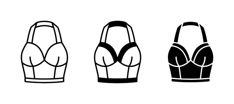 Lingerie Icons: Bra Styles, Outline, Silhouette, Black and White Vector Graphics