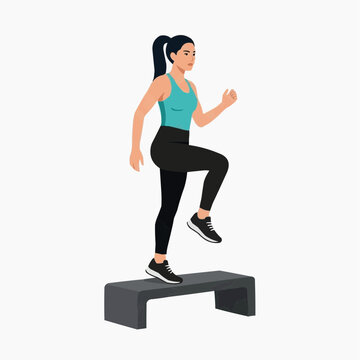 A woman in athletic wear stepping up onto a platform in a fitness exercise
