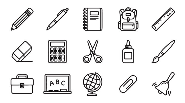 Education icons, school supplies, learning tools, black line illustrations