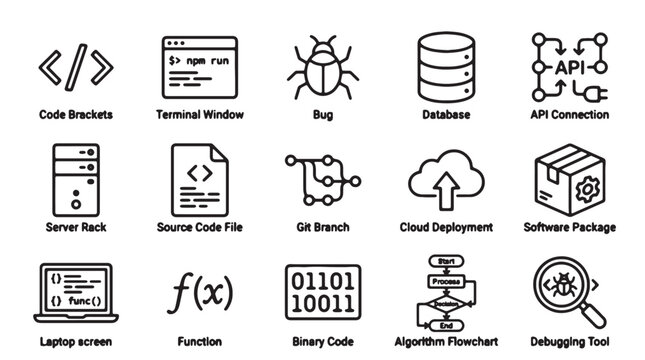 Coding, programming, and software development icons, 16 symbol set, vector graphics