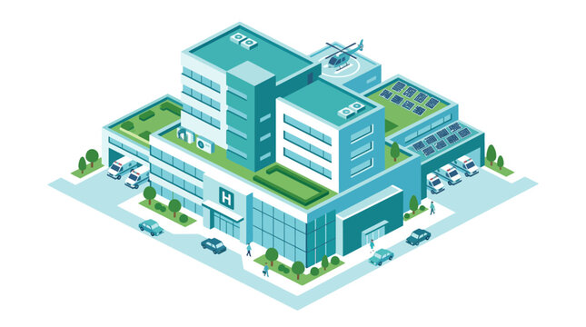 Isometric modern hospital building with medical center facilities.