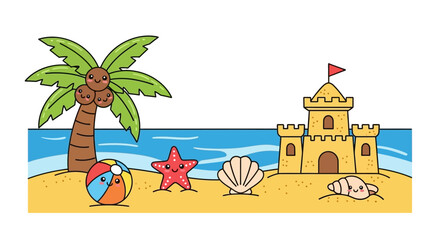 Obraz premium Beach Scene with Sandcastle, Palm Tree, and Sea Shells