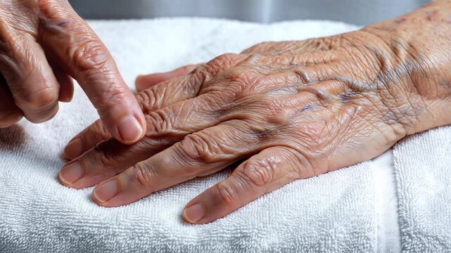 Elderly person gently touches aged wrinkled hand on white towel, close-up.
