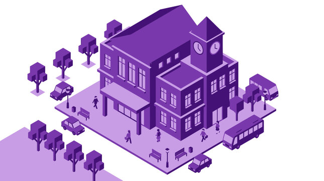 Isometric purple city building street scene with cars.