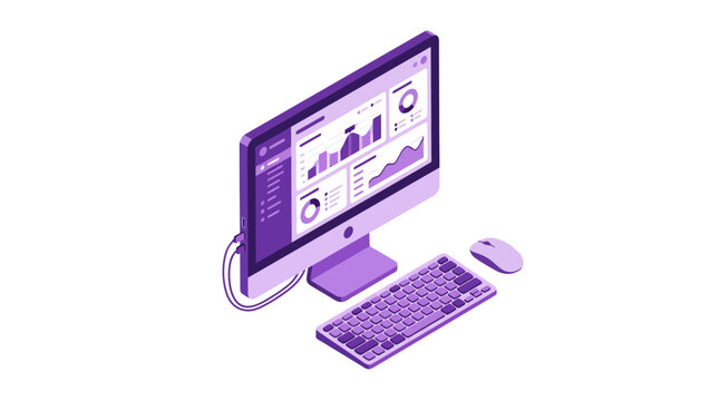 Isometric purple computer desktop with analytics on screen.