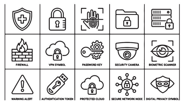 Cyber security icons, 16 protection symbols, security concept, black and white vector graphics