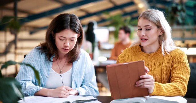 Tablet, study and talk with people in college for research, tutor session and education project. Assignment thesis, university and knowledge with students on campus for class schedule and exam portal