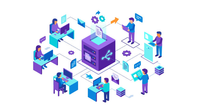 Isometric team collaborating on cloud data network infrastructure.