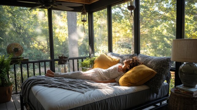 Woman relaxing on porch daybed sunlight