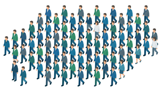 Large isometric crowd of people walking together in formation.