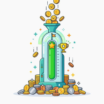 A colorful vector graphic illustration of a trophy with coins and stars symbolizing success and achievement