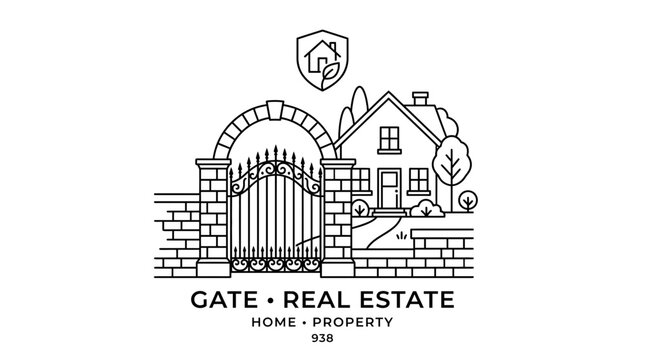 Luxury gated real estate with security shield icon emblem.